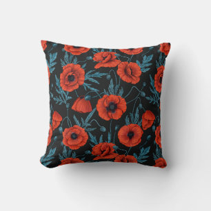 Coussin Poppies, rouge et bleu sur noir