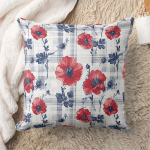 Coussin Poppies rouges avec Feuilles bleus sur À damiers b