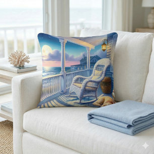 Coussin Porche côtier éclairé par la lune avec chien et vu