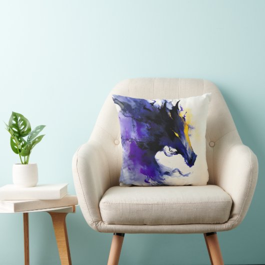 Coussin Portrait abstrait de cheval noir à l'aquarelle (Chaise)