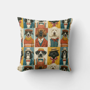Coussin Portrait Collage de Chiens de Mode Vintage