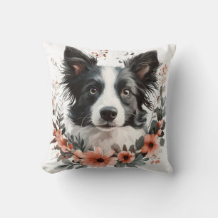 Coussin Portrait de Border Collie avec cadre floral