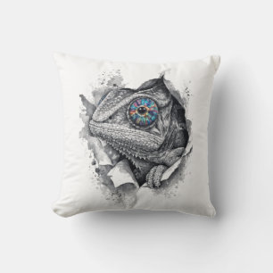 Coussin Portrait de caméléon à l'encre avec œil arc-en-cie