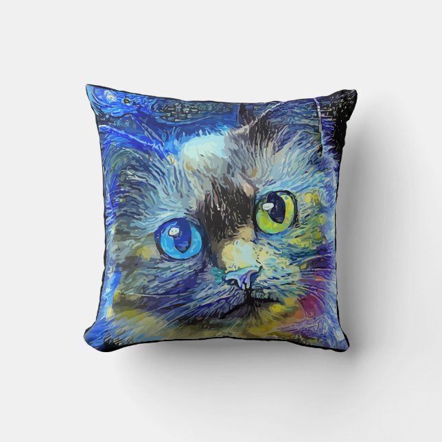 Coussin Portrait de chat impressionniste bleu jaune noir (Recto)