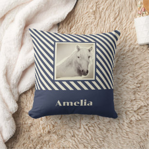 Coussin Portrait de cheval blanc personnalisé à rayures ma