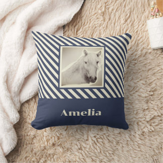 Coussin Portrait de cheval blanc personnalisé à rayures ma