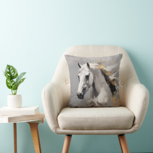 Coussin Portrait de cheval blanc puissant effet d'huile
