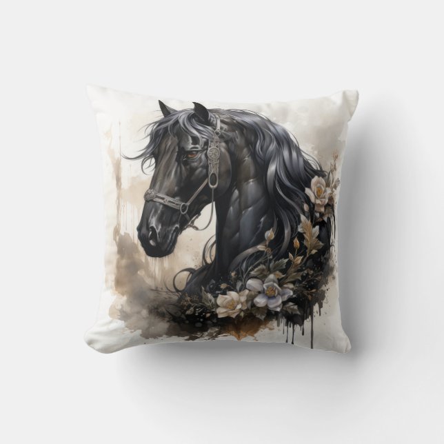 Coussin Portrait de cheval de beauté noir (Recto)