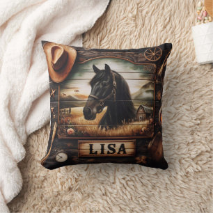 Coussin Portrait De Cheval Noir Avec Éléments De Décor Occ