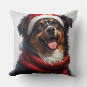 Coussin Portrait de chien joyeux Noël avec chapeau de Père