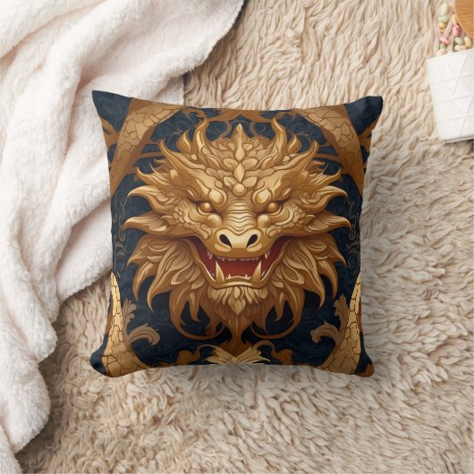 Coussin Portrait de dragon d'or sur Deep Blue (Couverture)