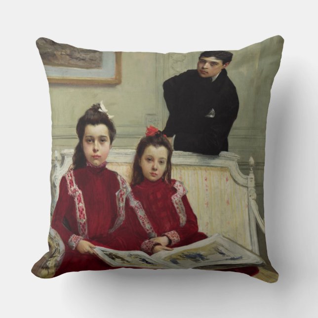 Coussin Portrait de famille d'un garçon et de ses deux soe (Recto)