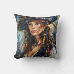 Coussin Portrait de femme pirate à l'aquarelle