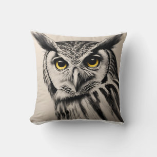 Coussin Portrait de hibou - croquis au charbon