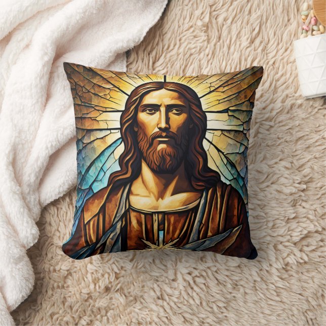 Coussin Portrait de Jésus avec Aura d'or en verre tendu (Couverture)