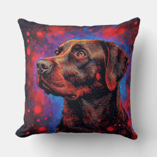 Coussin Portrait de Labrador noir dans un espace cosmique