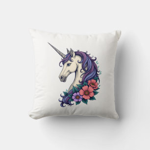 Coussin Portrait de licorne florale vintage psychédélique