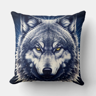 Coussin Portrait de loup aux yeux dorés intenses
