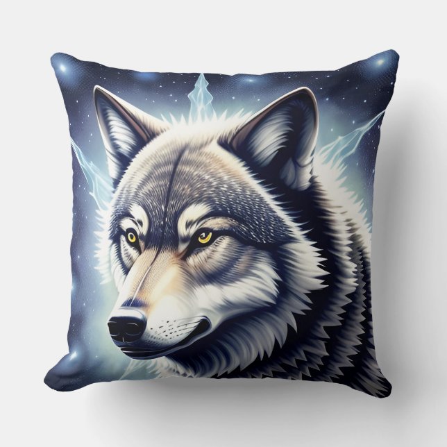 Coussin Portrait de loup aux yeux dorés intenses (Recto)