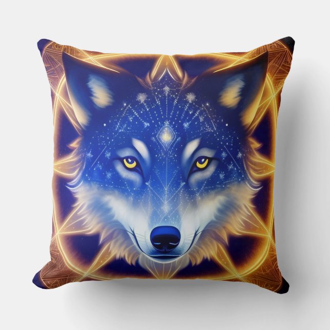 Coussin Portrait de loup aux yeux dorés intenses (Recto)