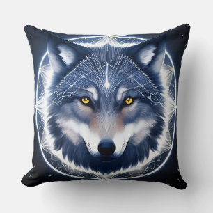 Coussin Portrait de loup aux yeux dorés intenses