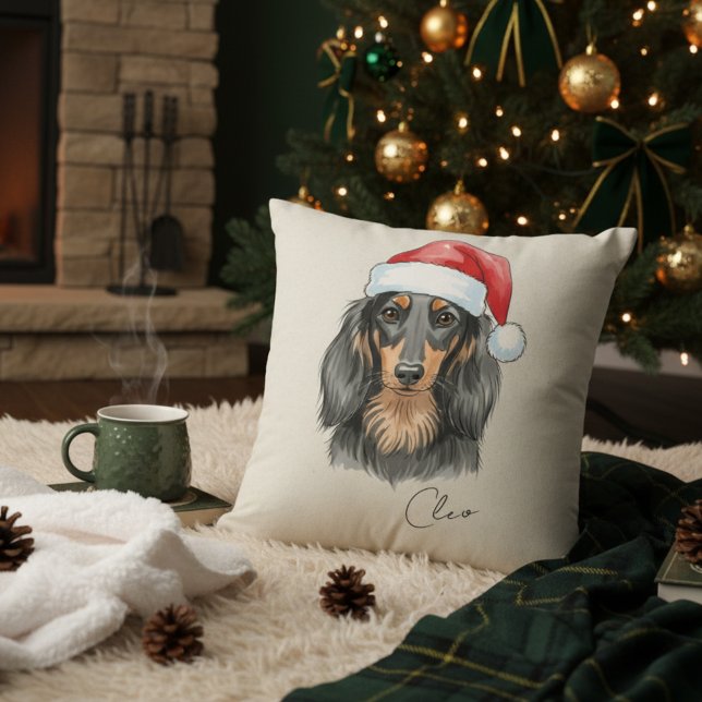 Coussin Portrait de Noël Dachshund personnalisé (Add a special touch to your home with this custom pet portrait throw pillow! )