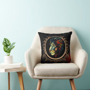 Coussin Portrait de tête de lion stylisé dans cadre Mandal