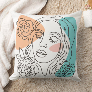 Coussin Portrait floral de femme en ligne abstraite