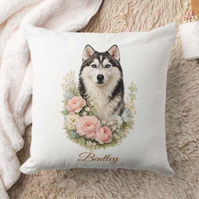 Coussin Portrait floral de Husky sibérien (Couverture)