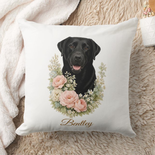 Coussin Portrait floral de Labrador noir (Couverture)