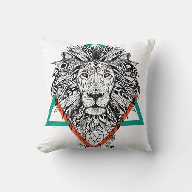 Coussin Portrait géométrique aztèque de lion (Recto)