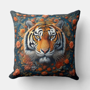 Coussin Portrait majestueux d'un tigre entouré de fleurs