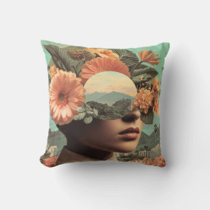 Coussin Portrait surréaliste de femme avec éléments florau