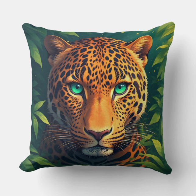Coussin Portrait vibrant de léopard aux yeux émeraude (Recto)