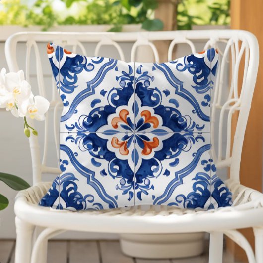 Coussin Portuguese Tile Pattern Blue White Orange