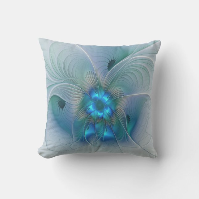 Coussin Position, Abstrait bleu turquoise fractal (Recto)