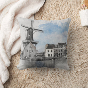 Coussin Poster Vintage voyage de Pays-Bas et moulin