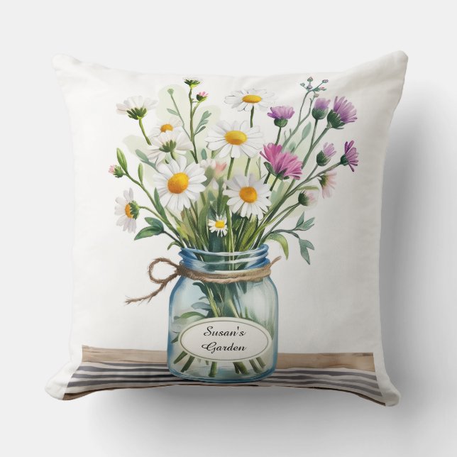 Coussin Pot Mason Jar de fleurs sauvages (Recto)