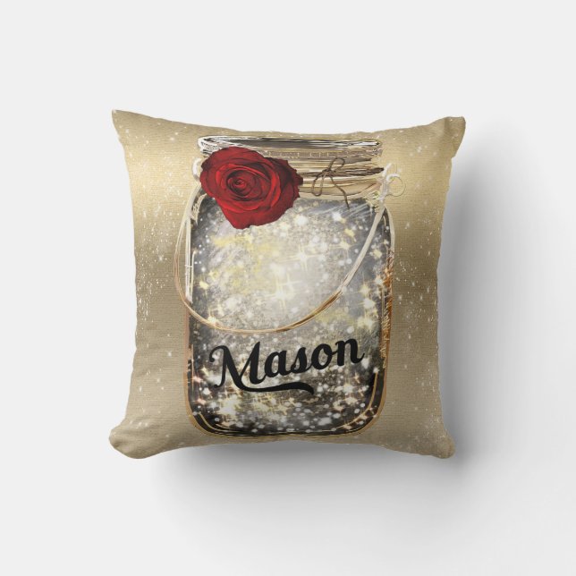 Coussin Pot Mason Jar Rose Rouge Pailleté Glamour Or (Recto)