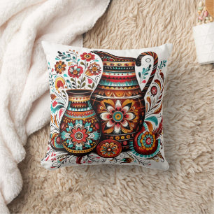 Coussin Poterie d'art populaire vibrante aux motifs comple