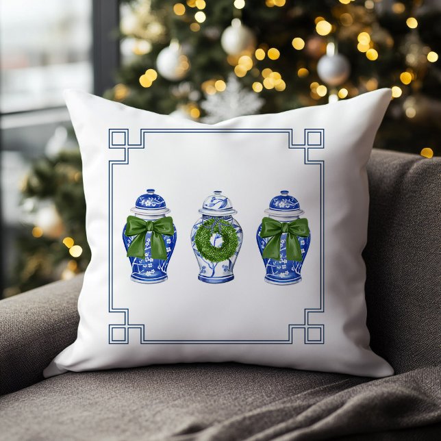Coussin Pots de gingembre de style chinois pour les fêtes (chinoiserie blue and white ginger jar christmas pillow)