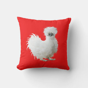 Coussin Poule Soie sur fond rouge