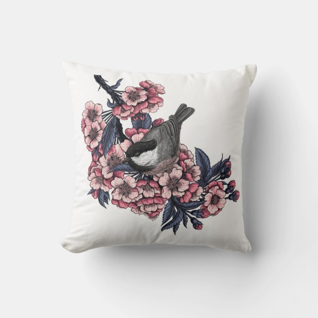 Coussin Poulet sur une branche de cerise en fleurs (Recto)