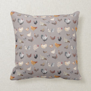 Coussin Poulets d'aquarelle sur gris chaud