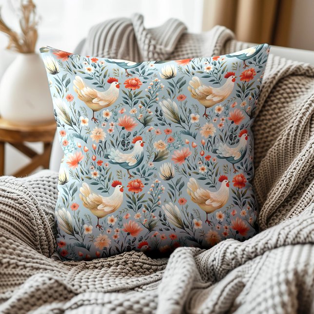 Coussin Poulets de coqs Dusty Blue Farmhouse (Blue and white rooster pattern decorator pillow)