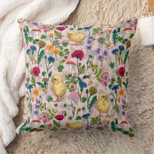 Coussin Poulets et fleurs sauvages sur coton bonbon rose