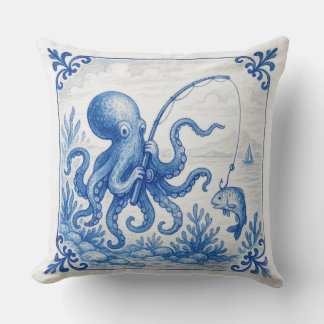 Coussin Poulpe de carreau de Delft de style tropical amusa