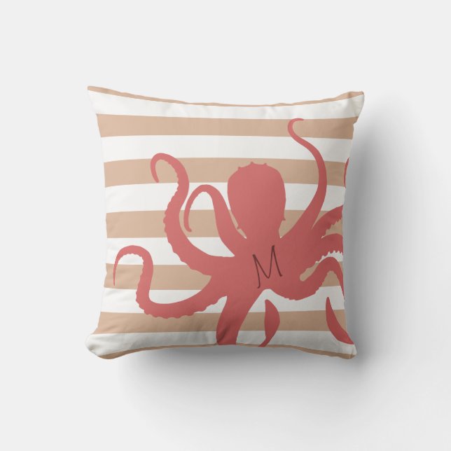 Coussin Poulpe rouge moderne plage sable blanc rayé (Recto)