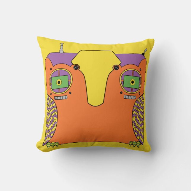 Coussin Pourpre orange de vert jaune de robot de hibou (Recto)
