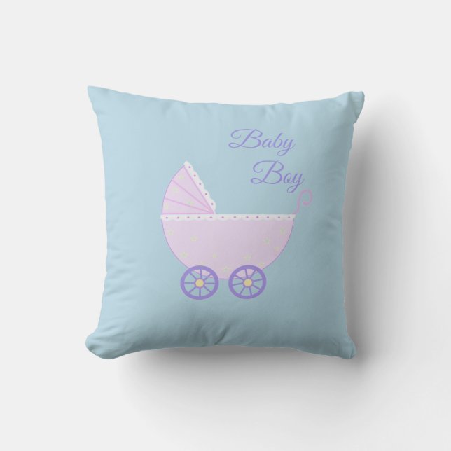 Coussin Poussette de beau bébé garçon sur turquoise (Recto)